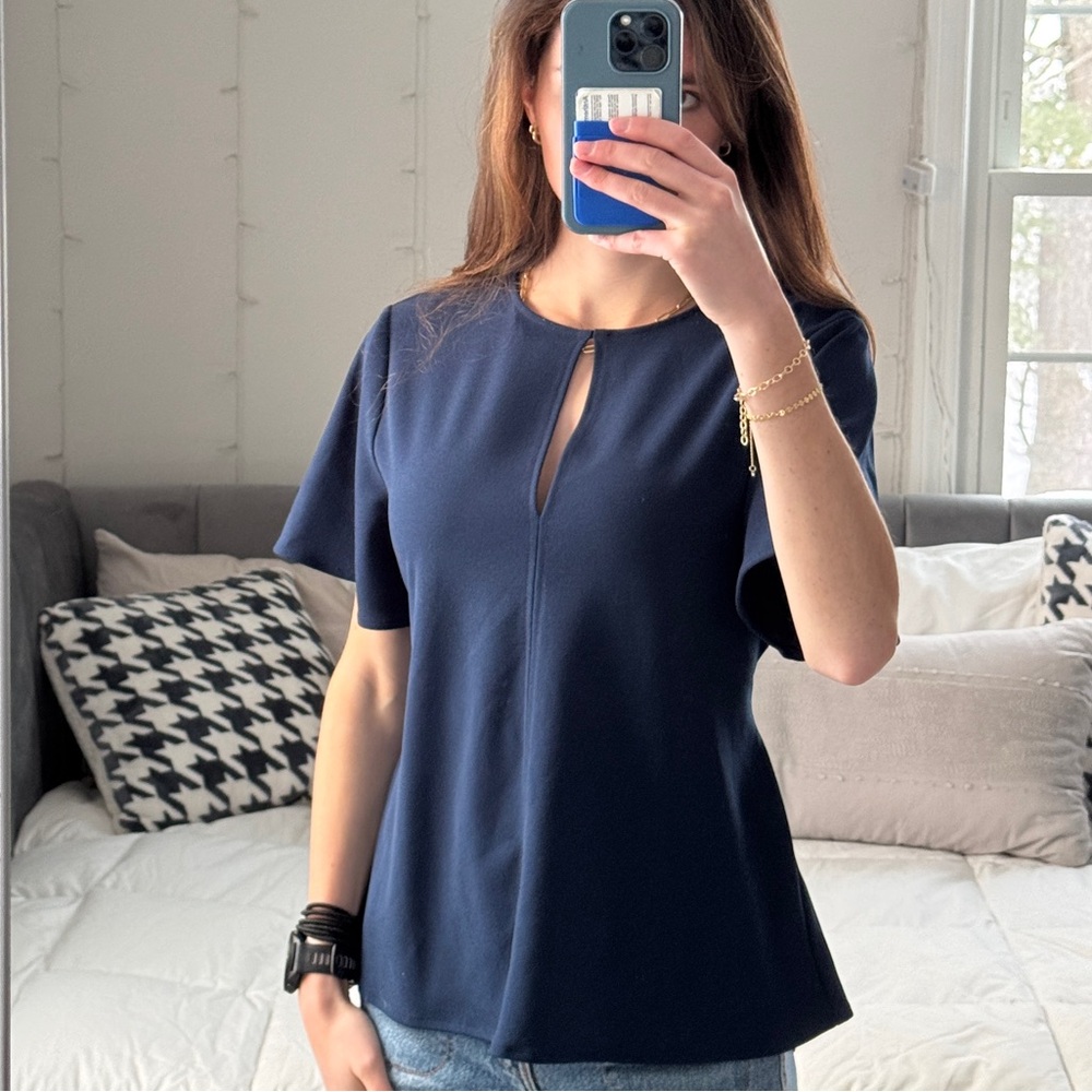 Express Navy Tie-Back Blouse with Keyhole Detail
